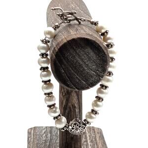 Genuine Freshwater Pearl 925 Sterling Silver Fancy Toggle Clasp Bracelet